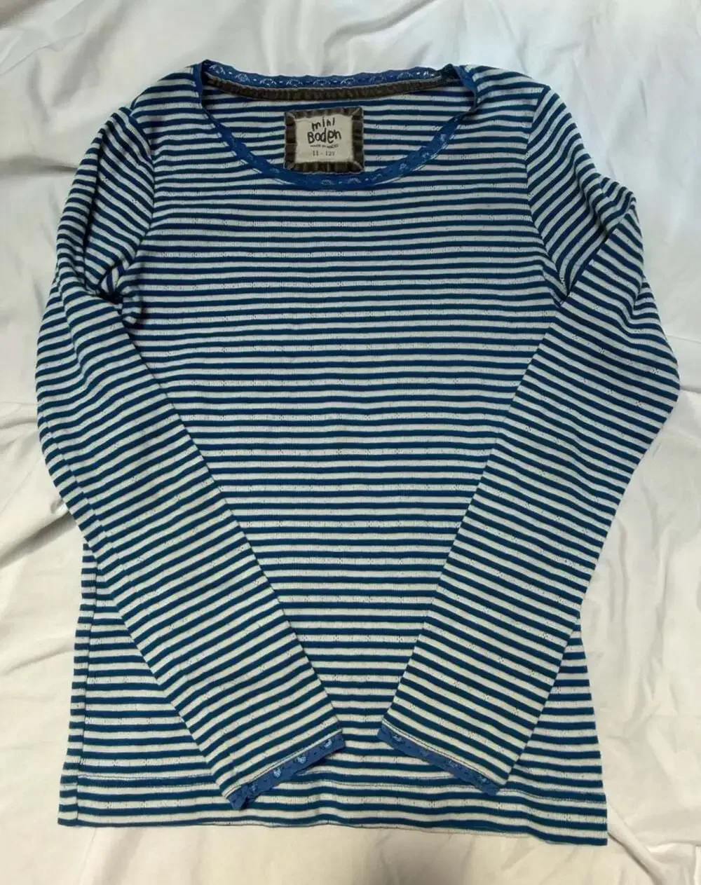 Mini Boden Girls Long Sleeve Striped Crewneck Shirt with Lace Trim, Size 11-12Y